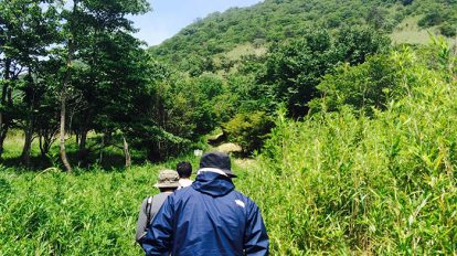 山に映える先輩編集者の青く大きな背中。偉大な男の背中は決まって広い！