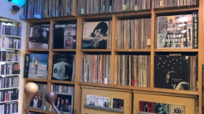 上原ひろみさんがおすすめする〈ハァーミット・ドルフィン〉のレコード棚。レコードの背の表情からも感じ取れる店主の思い入れ。レコード棚は本棚同様、人となりまで見えてきます。