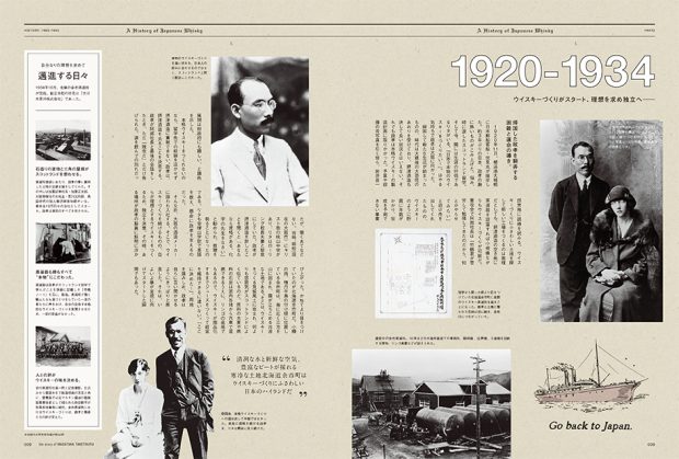 政孝氏の功績と日本ウイスキーの進化を年代を追って解説。資料と写真が残っていたからできた企画。